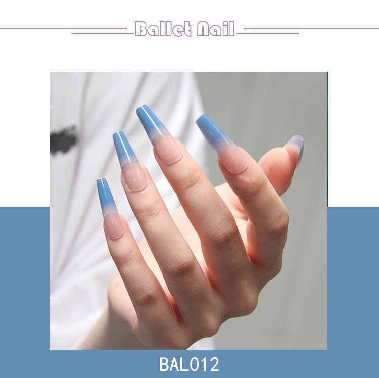 Blue gradient fake nails wearing long ballet nail patches for nail enhancement