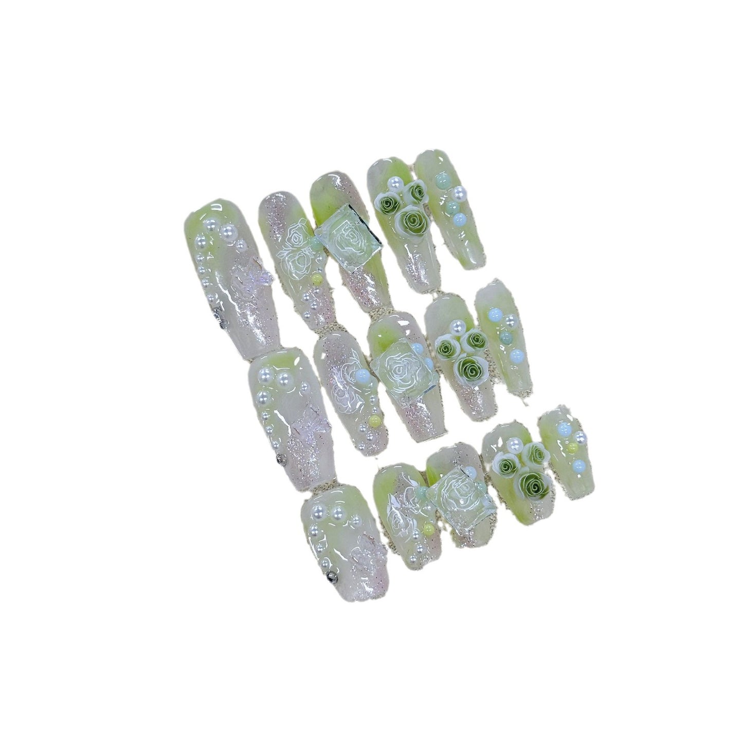 Green Field Realm Handmade Wearing Nails, Fresh and Gentle Temperament, Atmosphere, Super Immortal Explosive Sparkling Square Diamond Butterfly Pearl