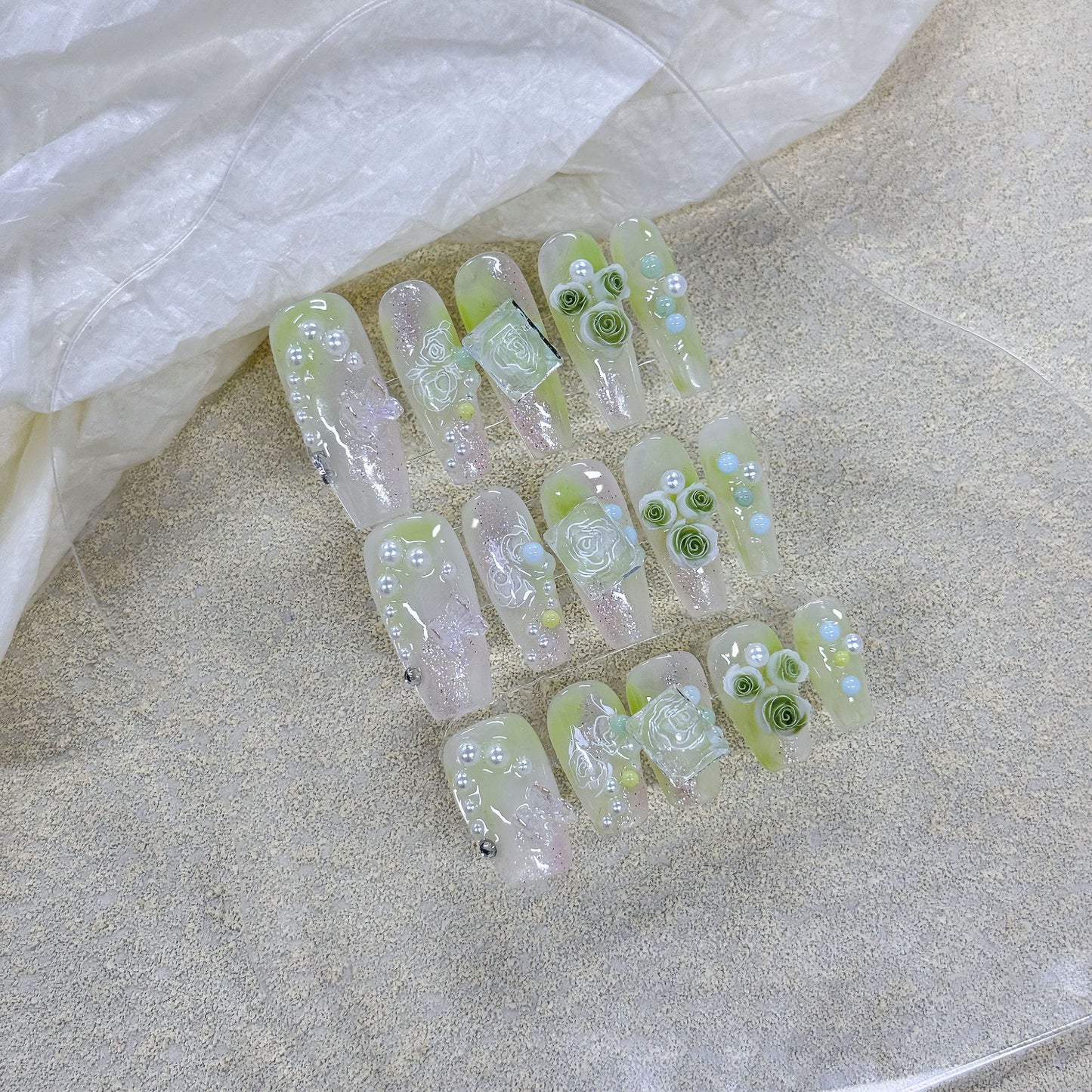 Green Field Realm Handmade Wearing Nails, Fresh and Gentle Temperament, Atmosphere, Super Immortal Explosive Sparkling Square Diamond Butterfly Pearl