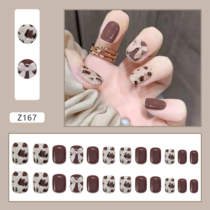 Autumn and Winter Brown Leopard Pattern Wearing Nail False Nail Bow Knot Detachable Short Finished Nail Patch