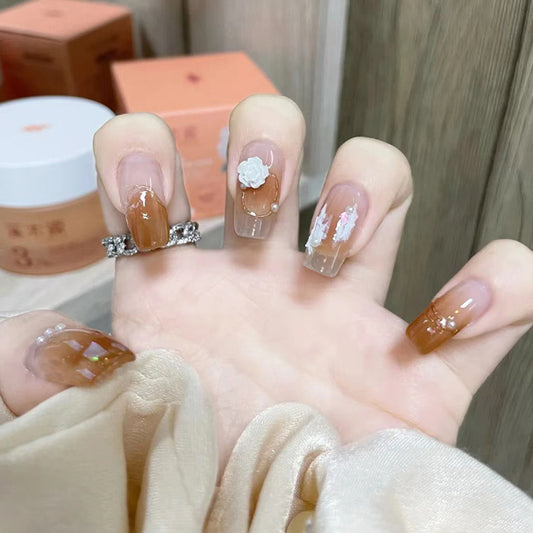 New Short Ballet Caramel Stained Aurora Fragments Milk White Diamond Camellia Nail Artificial Nail Products