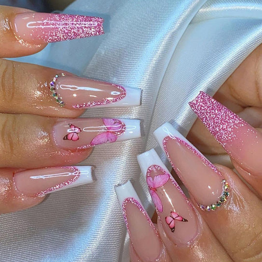 Long Ballet Pink Sparkling Pink French Diamond Wearing False Nails Cute Pink Butterfly