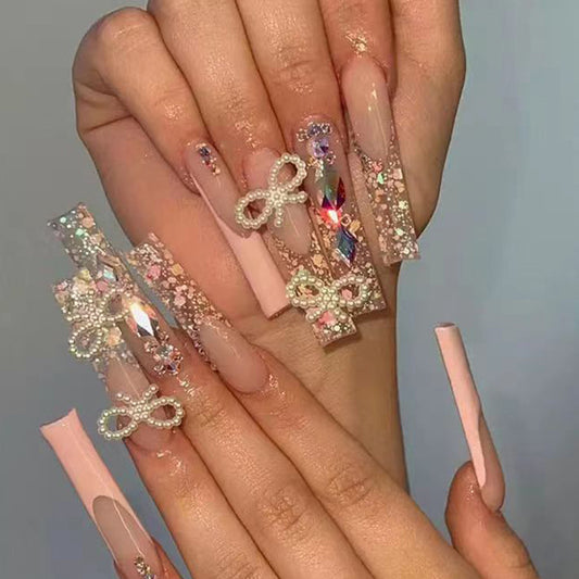 Spicy Girl Diamond Pearl Bow Wearing Nail Shining Pink French Nail Patch False Nail