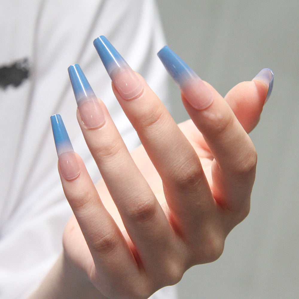 Blue gradient fake nails wearing long ballet nail patches for nail enhancement