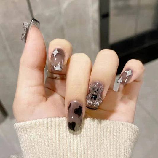 Sweet and Cool Black Short Crystal Bear Nail Beauty Diamond Wearing Armor 3D 3D Cubic Bear False Nail