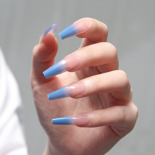 Blue gradient fake nails wearing long ballet nail patches for nail enhancement