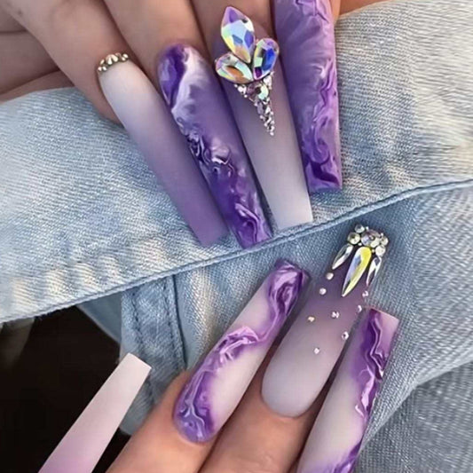 Romantic, gentle, purple, sparkling diamond nail art, long ballet, wearing armor, finished fake nails