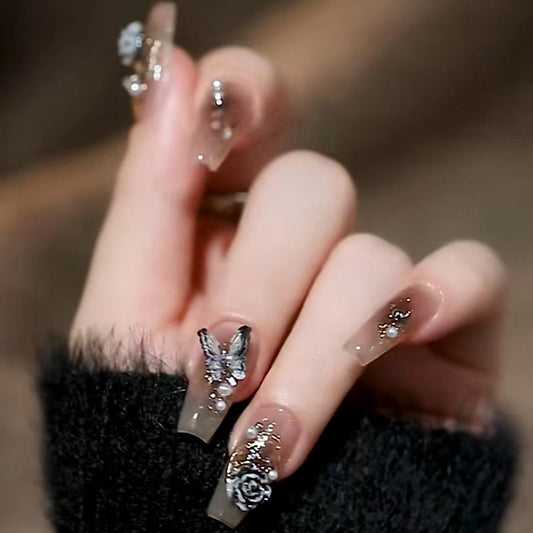 Dark color scheme with white effect, Chinese style ballet nail nail, crystal butterfly camellia flower, high-quality wearable nail diamond