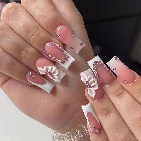 Mid length explosive glitter pink diamond sweet flower wearing armor, simple French pure desire white girl fake nails