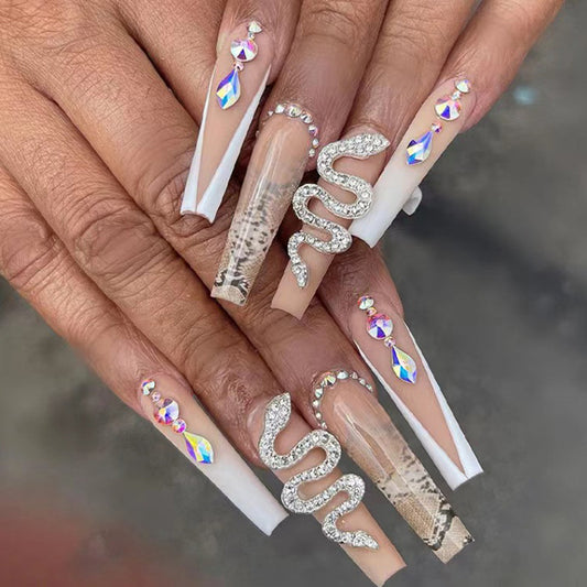 Sweet and Cool Long Ballet Wearing Nails Shining Diamond Silver Snake Gradual Gradual Finished Product Wholesale