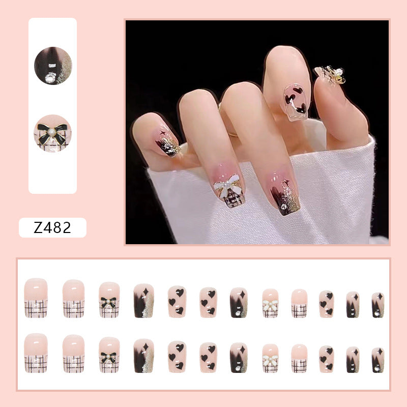 Autumn Sweet Cool Color Block Small Fragrant Style Nail Enhancement Style Showcase White Diamond Wearing Nail Platinum Bow Nail Panel