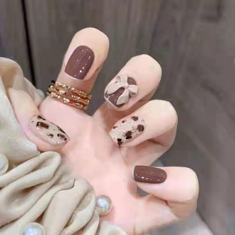 Autumn and Winter Brown Leopard Pattern Wearing Nail False Nail Bow Knot Detachable Short Finished Nail Patch