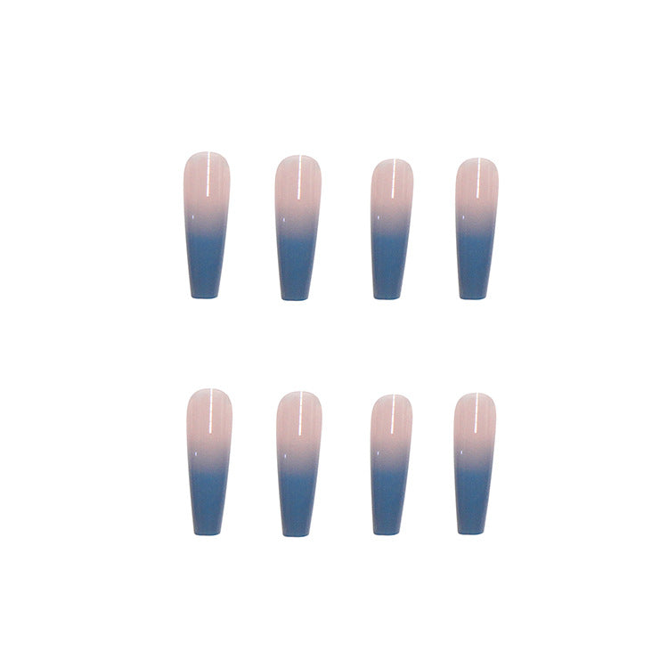 Blue gradient fake nails wearing long ballet nail patches for nail enhancement