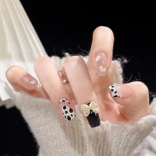 Cute White Love Cow Pattern Nail Beauty in Autumn and Winter Simple Spicy Girl Instagram Bow Tie Wearing Armor Finished Product