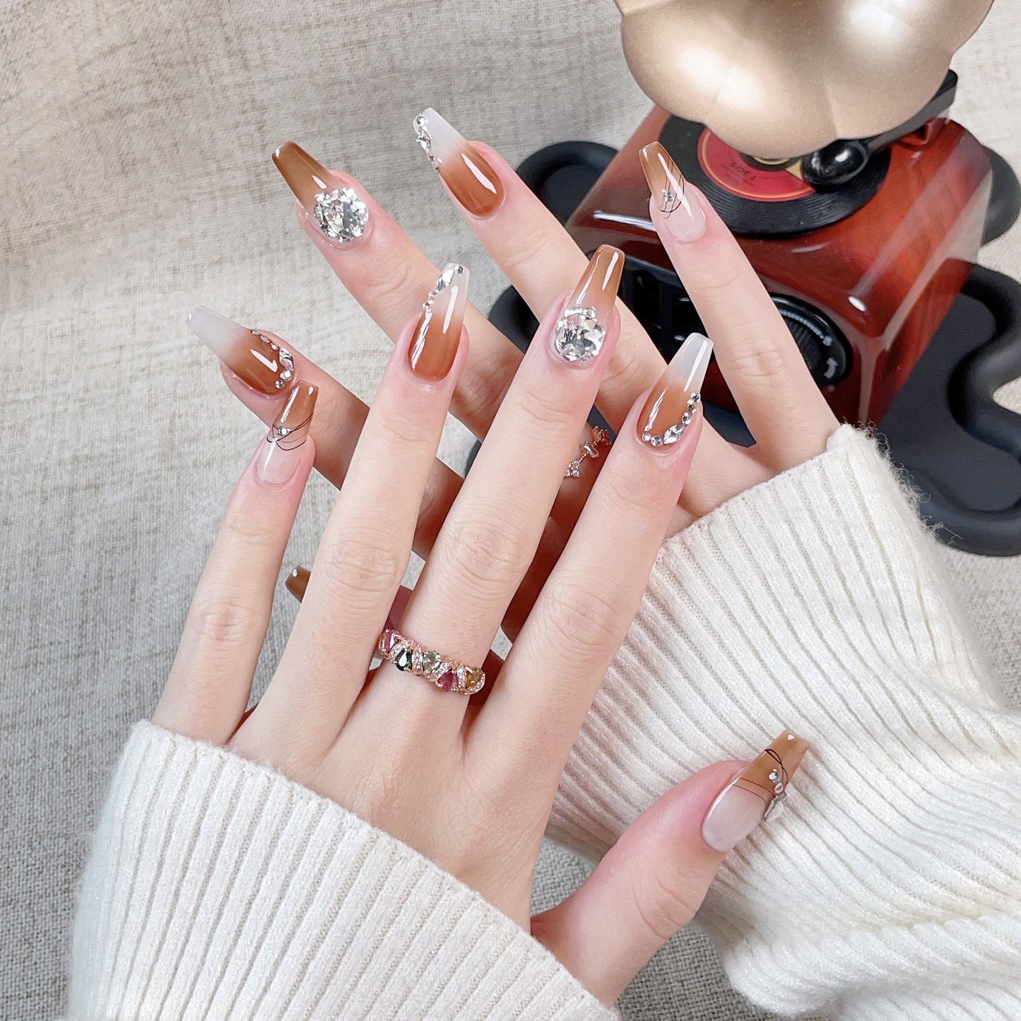 Autumn and Winter New Handmade Nail Wearing Mermaid Caramel Color Nail Patch Finished Explosive Shining Full Diamond False Nail Patch