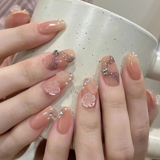 Gentle Girl Sweet Girl Nail Beauty Crystal Ice Through Camellia Pearl Sparkling Powder Wearing False Nail Clips